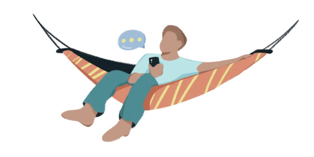 Man on phone on hammock Illustration from Listening Ear website