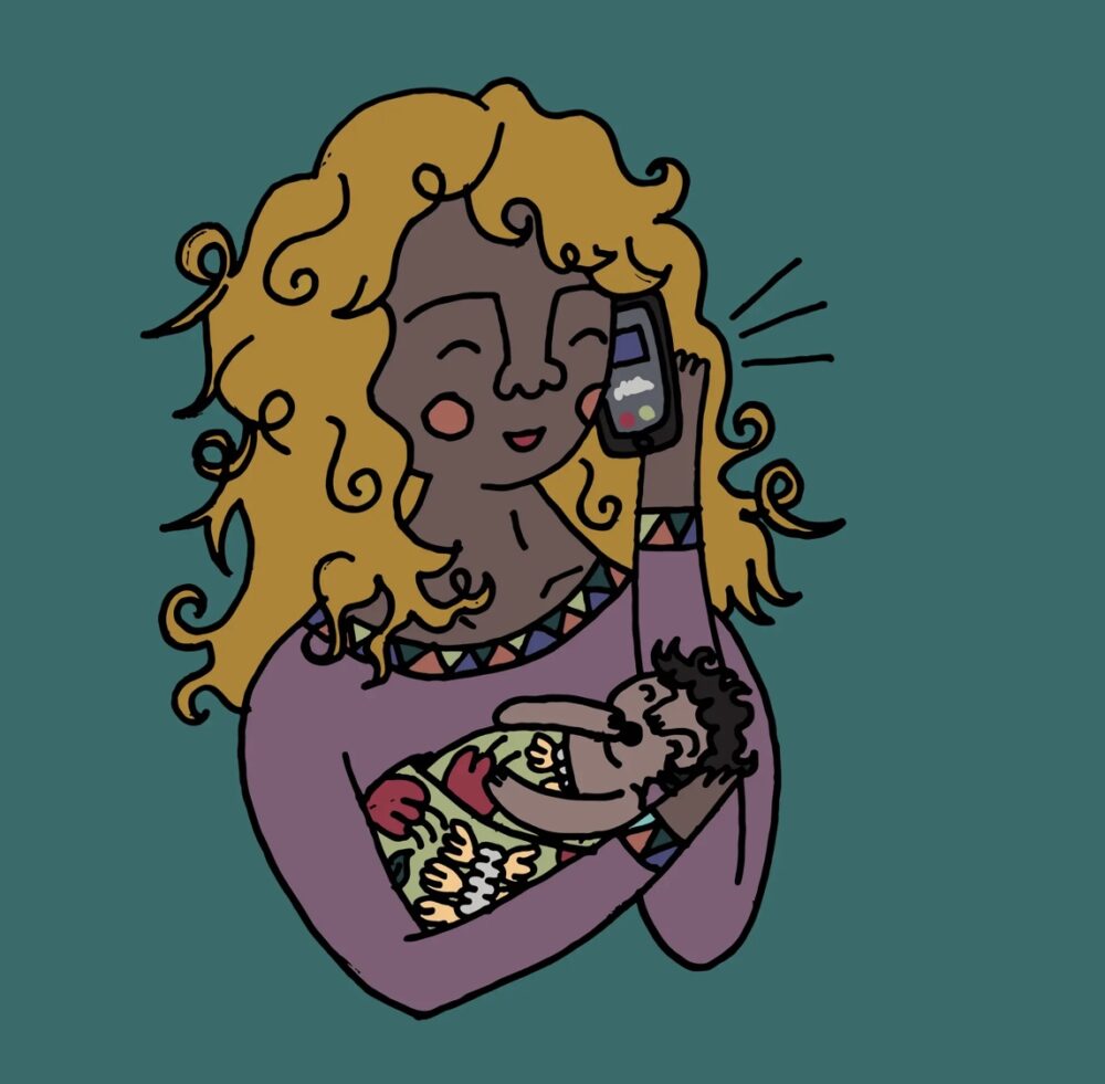 PANDA website illustration - mother getting support on the phone while holding her baby